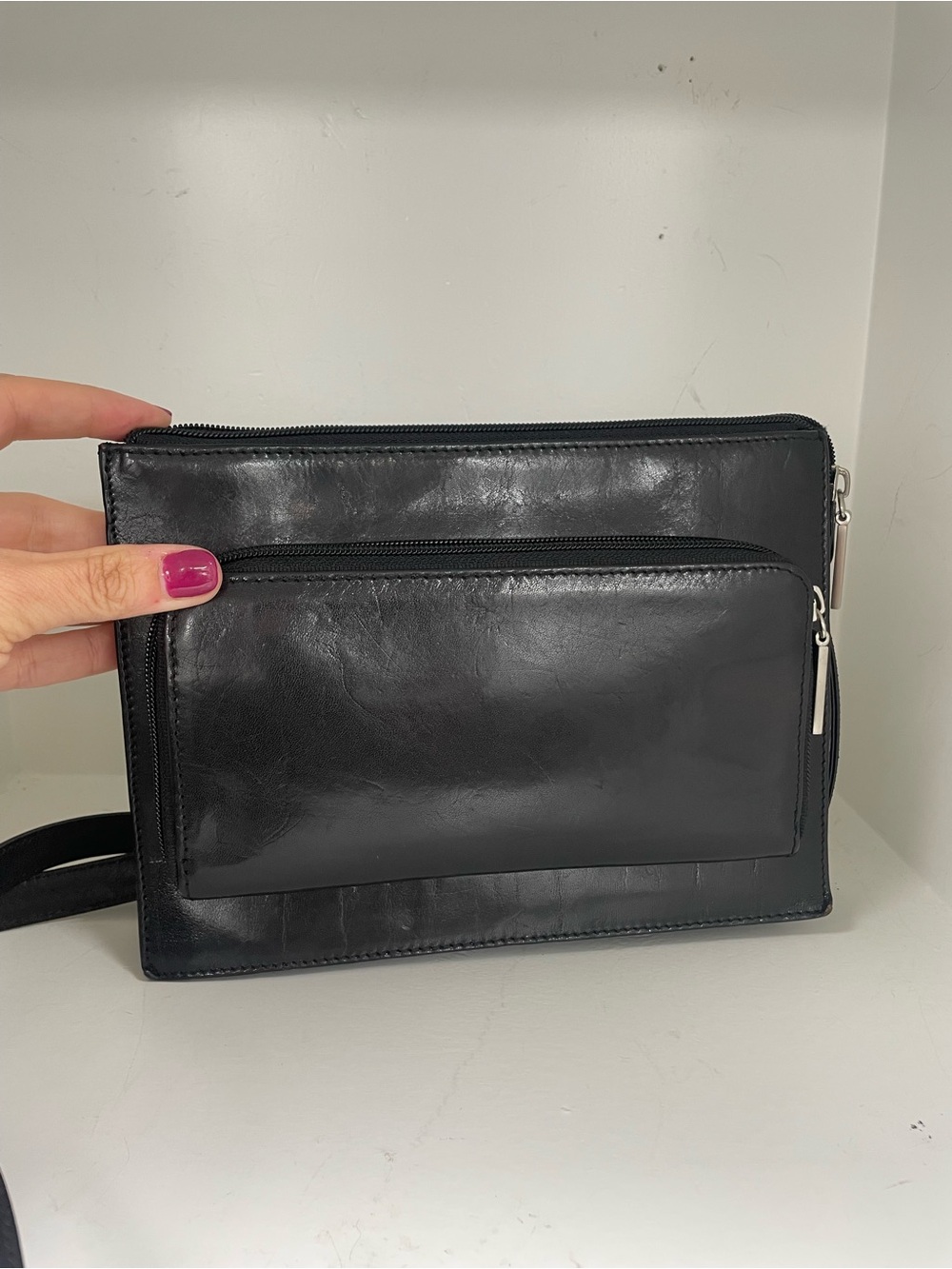 HOBO International Black Leather Crossbody Organizer Bag Double Zip Minimalist